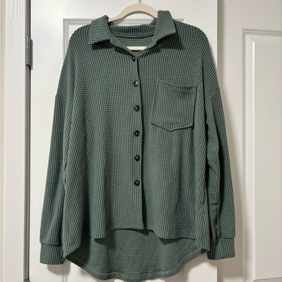 Tops - Green Waffle Knit Button-Up Shirt